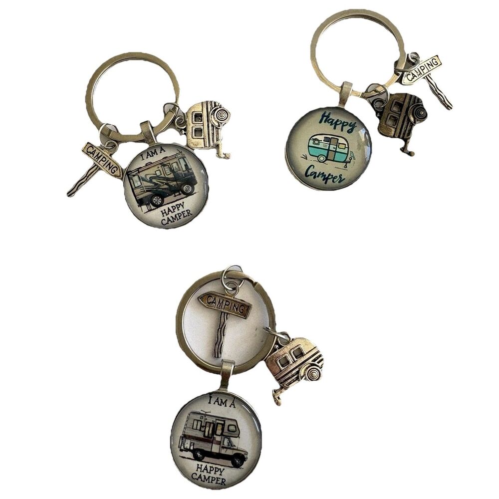 Happy Camper Camping RV Trailer Glass Dome Keychains (3) Motorhome Class A & C